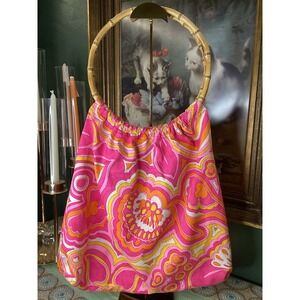 Trina Turk 25th Anniversary Pink Floral Bamboo Handle Hobo Bag Retro Psychedelic